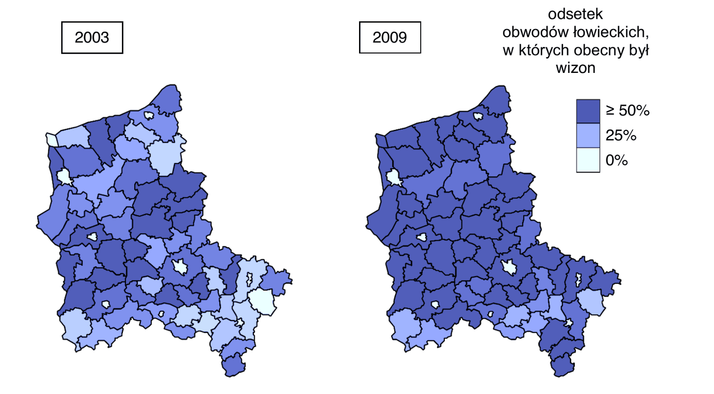 dwie mapy powiatów północno-zachodniej Polski, dla roku 2003 i dla roku 2009, na których kolorem zaznaczono odsetek obwodów łowieckich z odnotowaną obecnością wizona; w legendzie trzy poziomy: 0%, 25% oraz co najmniej 50%. Na mapie z 2009 roku powierzchnia powiatów z wysokim odsetkiem jest wyraźnie większa niż na mapie z 2003 roku