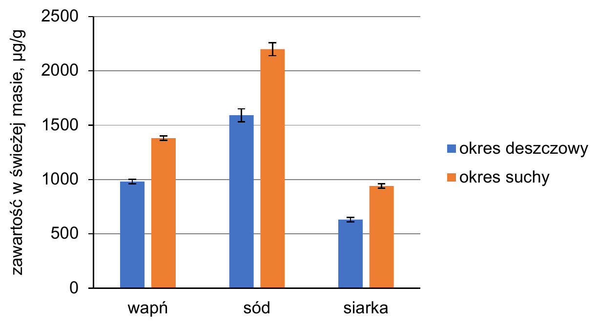 wykres słupkowy zawartości wapnia, sodu i siarki w świeżej masie ogonków liściowych (oś Y: zawartość w świeżej masie, μg/g, skala od 0 do 2500); dla każdego pierwiastka dwa słupki - okres deszczowy i okres suchy, każdy z zaznaczonym odchyleniem standardowym: wapń około 1000 (deszczowy) i około 1300 (suchy), sód około 1500 (deszczowy) i około 2200 (suchy), siarka około 750 (deszczowy) i około 1000 (suchy)