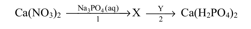 schemat przemian, Ca(NO3)2 przechodzi reakcją 1 z Na3PO4 (aq) w substancję X, a X reakcją 2 z odczynnikiem Y w Ca(H2PO4)2