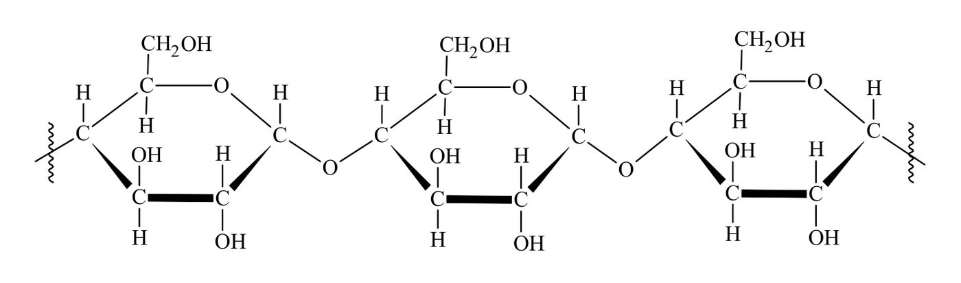 fragment wzoru taflowego amylozy złożony z trzech reszt glukozowych połączonych wiązaniami $\alpha$-1,4-O-glikozydowymi