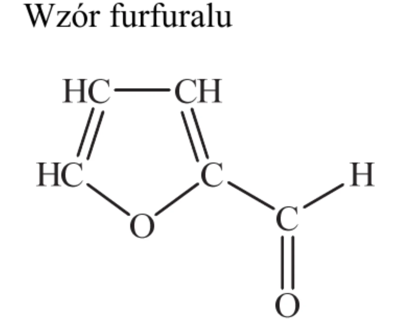 wzór furfuralu – pierścień pięcioczłonowy (atom O i cztery atomy C, dwa wiązania podwójne C=C), przy atomie C sąsiadującym z atomem O grupa –CHO