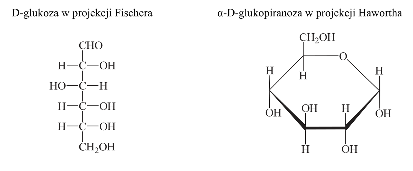wzór D-glukozy w projekcji Fischera oraz wzór $\alpha$-D-glukopiranozy w projekcji Hawortha