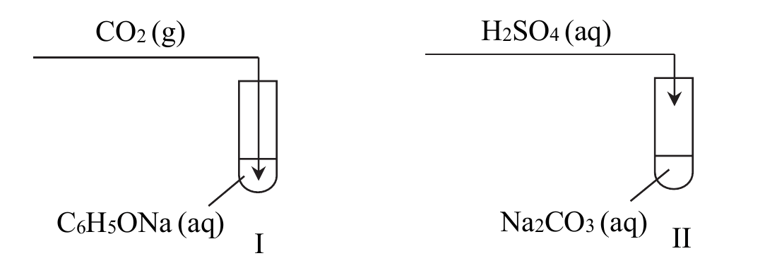 schemat doświadczenia z dwiema probówkami, do probówki I z roztworem C6H5ONa (aq) doprowadzany jest CO2 (g), do probówki II z roztworem Na2CO3 (aq) dodawany jest H2SO4 (aq)