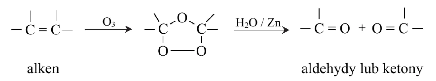 uproszczony schemat ozonolizy: fragment alkenu z wiązaniem C=C, addycja O3 do ozonku (pierścień z trzema atomami tlenu), hydroliza H2O / Zn do dwóch fragmentów z grupą C=O; podpisy „alken” oraz „aldehydy lub ketony”