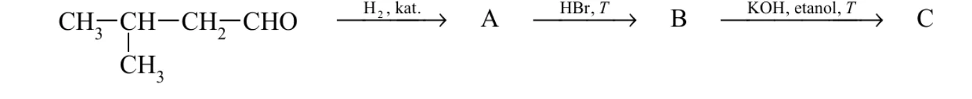 schemat ciągu przemian – aldehyd o wzorze CH₃–CH(CH₃)–CH₂–CHO przechodzi w reakcji z H₂ (kat.) w związek A, A w reakcji z HBr (T) w związek B, B pod wpływem KOH w etanolu (T) w związek C