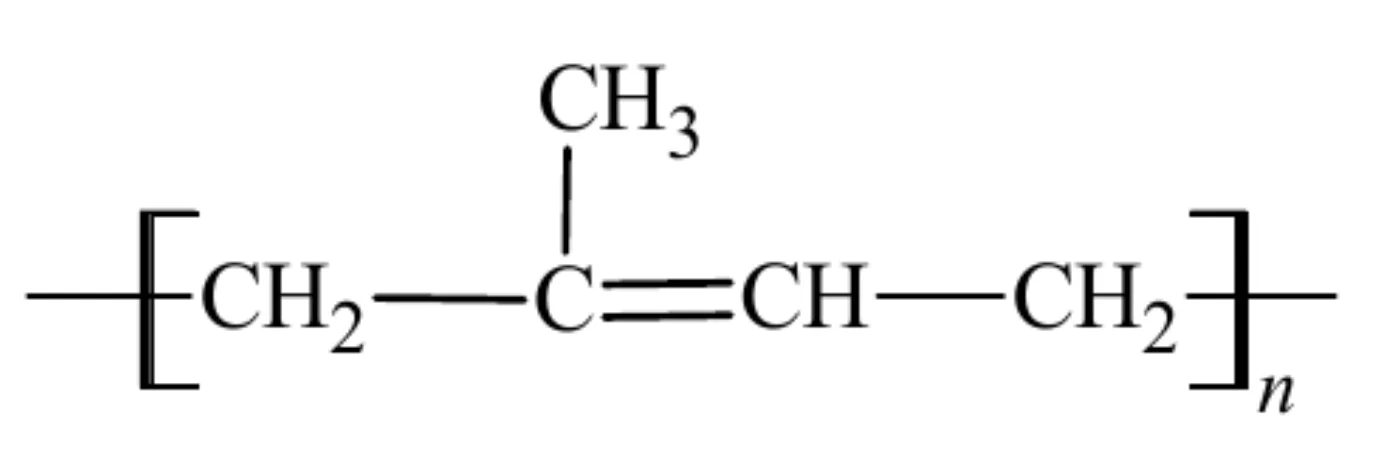 wzór polimeru: powtarzający się fragment –CH2–C(CH3)=CH–CH2– w nawiasie kwadratowym z indeksem n