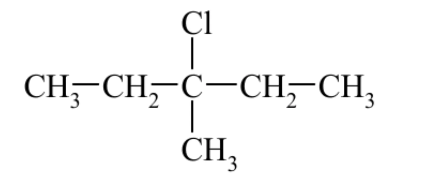 wzór półstrukturalny halogenku alkilowego CH₃–CH₂–C(Cl)(CH₃)–CH₂–CH₃ z atomem Cl nad i grupą CH₃ pod centralnym atomem węgla