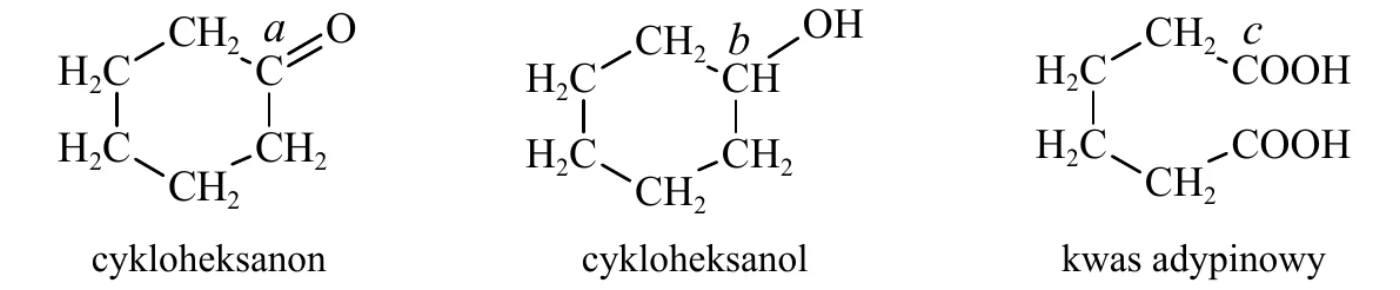 wzory półstrukturalne cykloheksanonu, cykloheksanolu i kwasu adypinowego; w każdym wzorze jeden atom węgla oznaczony literą: a w cykloheksanonie, b w cykloheksanolu, c w kwasie adypinowym