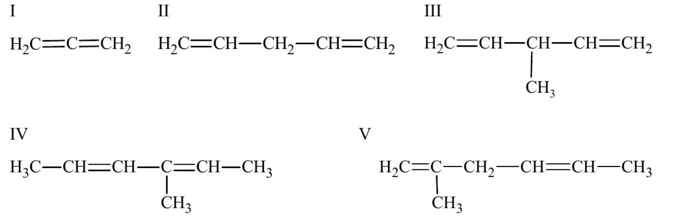wzory półstrukturalne pięciu dienów: I – H₂C=C=CH₂; II – H₂C=CH–CH₂–CH=CH₂; III – H₂C=CH–CH(CH₃)–CH=CH₂; IV – H₃C–CH=CH–C(CH₃)=CH–CH₃; V – H₂C=C(CH₃)–CH₂–CH=CH–CH₃