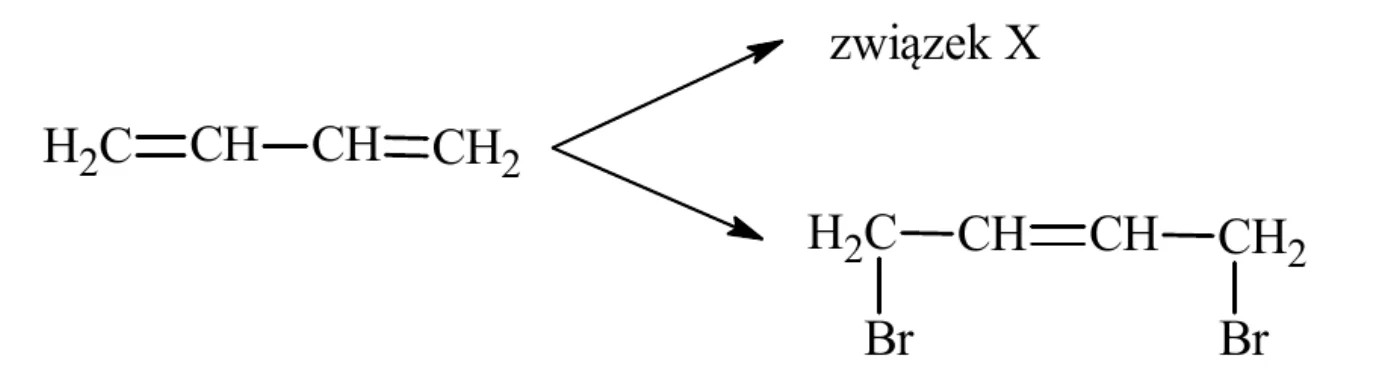 schemat reakcji: z but-1,3-dienu H₂C=CH–CH=CH₂ powstają związek X oraz 1,4-dibromobut-2-en BrCH₂–CH=CH–CH₂Br