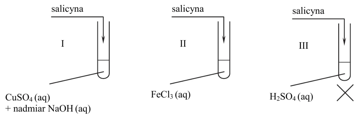 schemat pierwszego etapu: salicyna dodawana do probówek I (CuSO4 (aq) + nadmiar NaOH (aq)), II (FeCl3 (aq)) i III (H2SO4 (aq), pod probówką symbol ogrzewania)