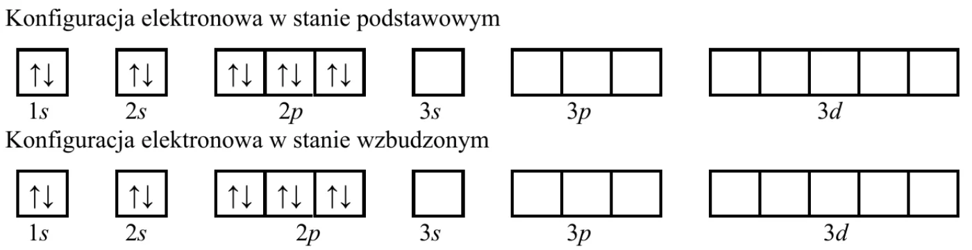 dwa schematy klatkowe: konfiguracja elektronowa w stanie podstawowym i w stanie wzbudzonym; w obu wypełnione klatki 1s, 2s i 2p, puste klatki 3s, 3p i 3d