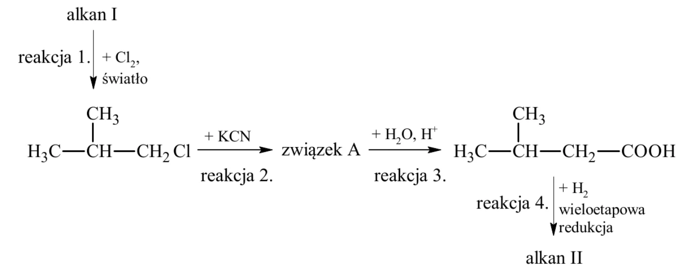 schemat ciągu reakcji: alkan I –(reakcja 1.: + Cl₂, światło)→ H₃C–CH(CH₃)–CH₂Cl –(reakcja 2.: + KCN)→ związek A –(reakcja 3.: + H₂O, H⁺)→ H₃C–CH(CH₃)–CH₂–COOH –(reakcja 4.: + H₂, wieloetapowa redukcja)→ alkan II; wzory związków chloru i kwasu narysowane jako półstrukturalne z grupą CH₃ nad łańcuchem