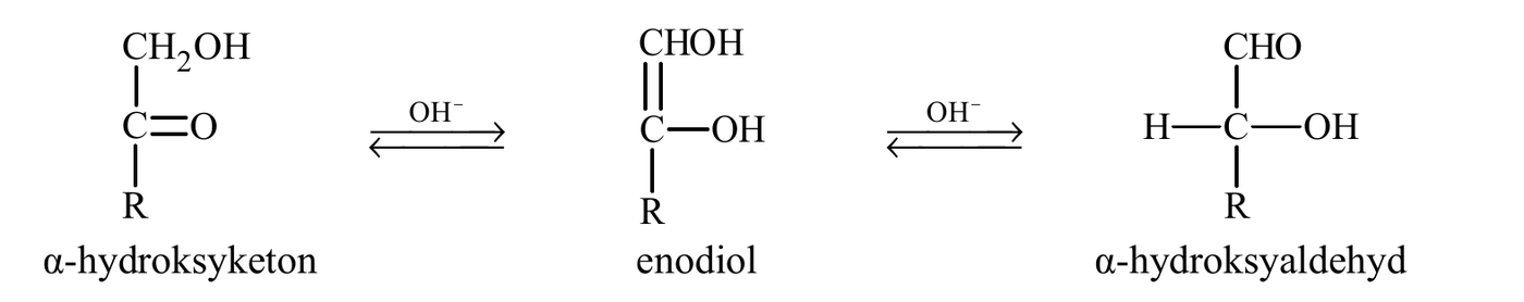 schemat izomeryzacji alfa-hydroksyketonu przez enodiol do alfa-hydroksyaldehydu, wzory strukturalne