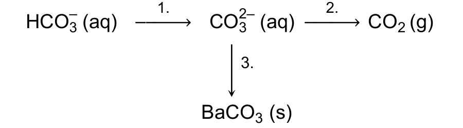 schemat ciągu przemian HCO3- (aq) -> CO3 2- (aq) -> CO2 (g) ze strzałkami oznaczonymi 1. i 2. oraz strzałką 3. prowadzącą w dół od CO3 2- (aq) do BaCO3 (s)