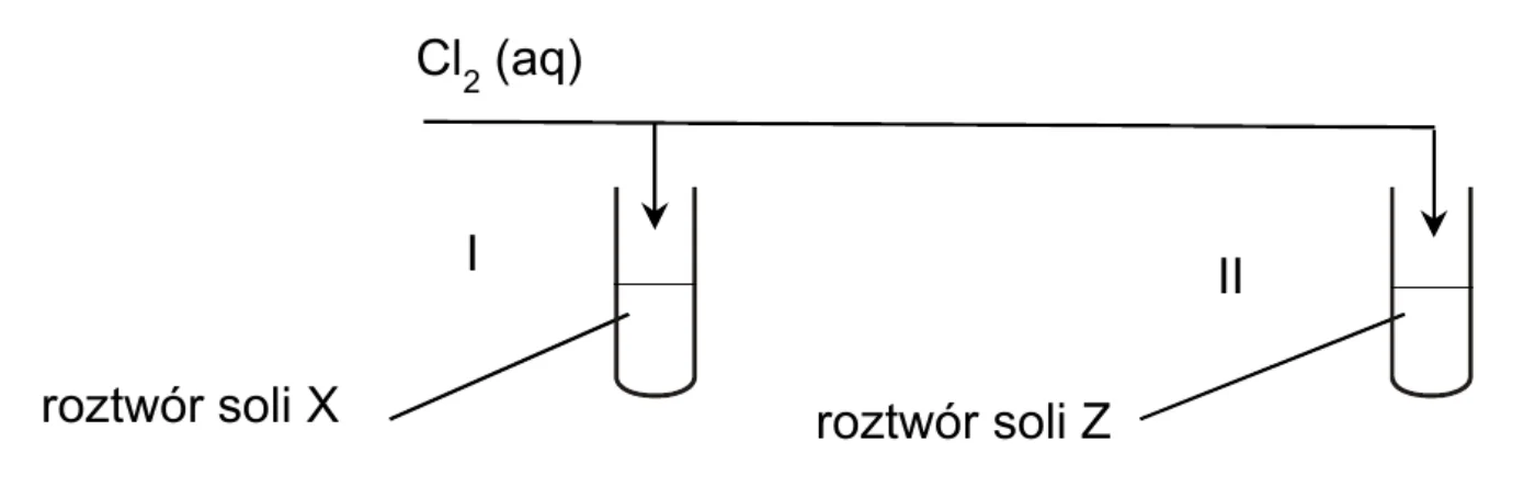 schemat doświadczenia: Cl2 (aq) dodawany do probówki I z roztworem soli X i do probówki II z roztworem soli Z