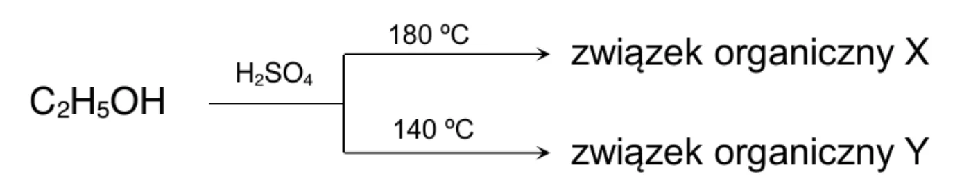 schemat – C2H5OH w obecności H2SO4 w temperaturze 180 °C przechodzi w związek organiczny X, a w temperaturze 140 °C w związek organiczny Y