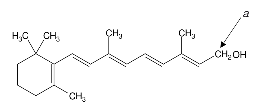 wzór szkieletowy retinolu z zaznaczonym literą a atomem węgla grupy $\ce{-CH2OH}$