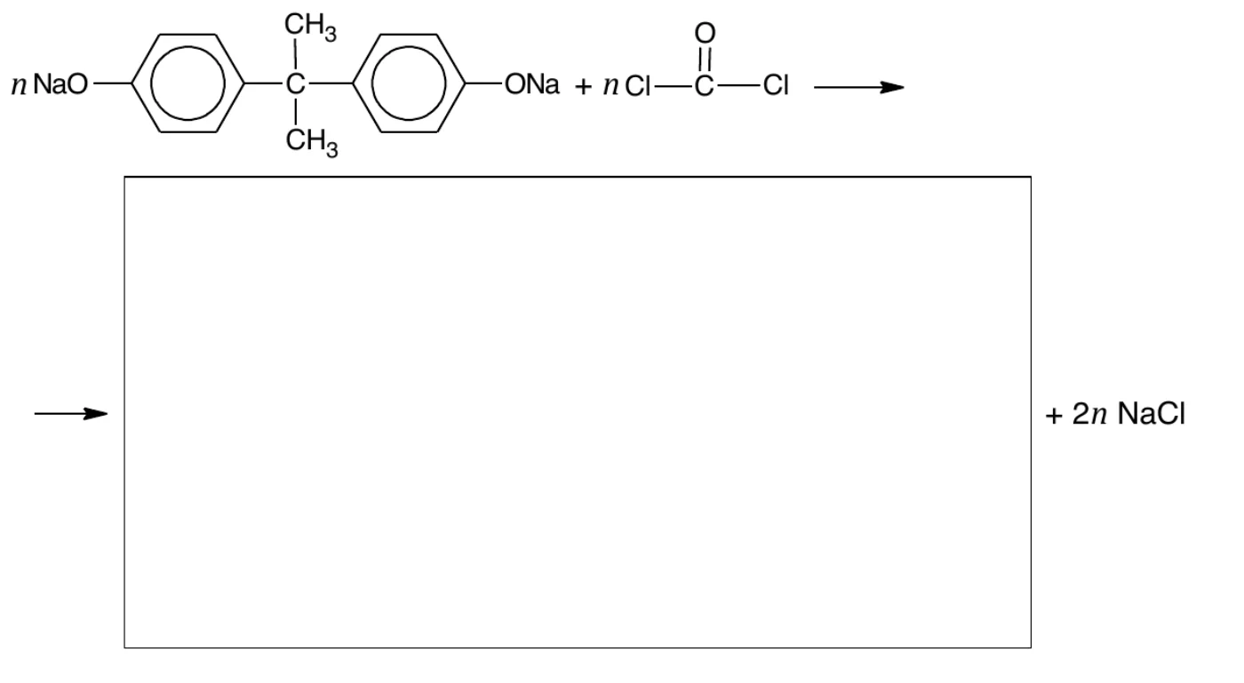 schemat do uzupełnienia: n NaO–C6H4–C(CH3)2–C6H4–ONa (wzór strukturalny) + n Cl–CO–Cl → puste pole na produkt + 2n NaCl