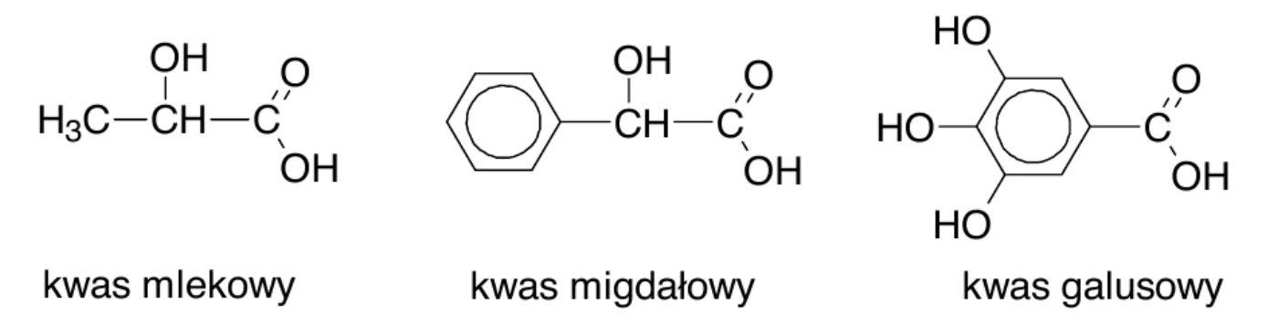 wzory strukturalne kwasu mlekowego, kwasu migdałowego i kwasu galusowego