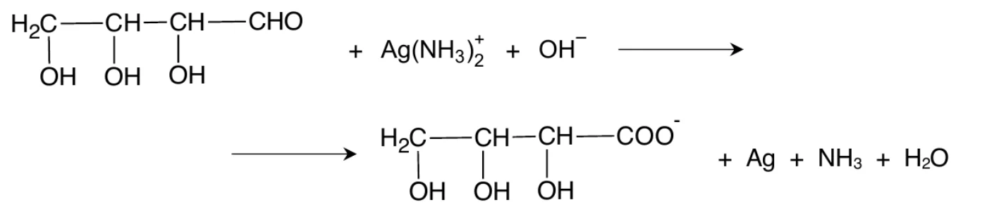 schemat reakcji aldotetrozy z Ag(NH3)2+ i OH− (bez współczynników), związki organiczne zapisane wzorami półstrukturalnymi, produkty nieorganiczne: Ag, NH3, H2O