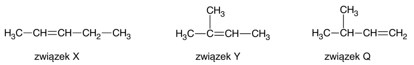 wzory półstrukturalne (grupowe) trzech węglowodorów: związek X H3C–CH=CH–CH2–CH3, związek Y H3C–C(CH3)=CH–CH3 (grupa CH3 narysowana nad atomem węgla), związek Q H3C–CH(CH3)–CH=CH2 (grupa CH3 narysowana nad atomem węgla)