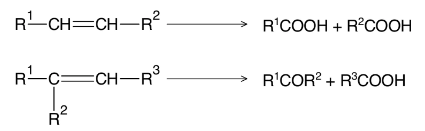 schemat utleniania alkenów: R¹–CH=CH–R² → R¹COOH + R²COOH oraz R¹–C(R²)=CH–R³ (podstawnik R² narysowany pod atomem węgla) → R¹COR² + R³COOH