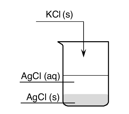 schemat zlewki z warstwą osadu AgCl (s) pod nasyconym roztworem AgCl (aq), do której dosypywany jest stały KCl
