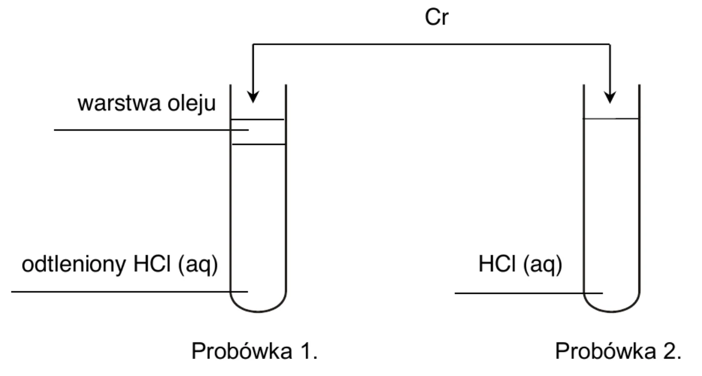 schemat: próbki Cr wprowadzane do probówki 1. z odtlenionym HCl (aq) pod warstwą oleju i do probówki 2. z HCl (aq)