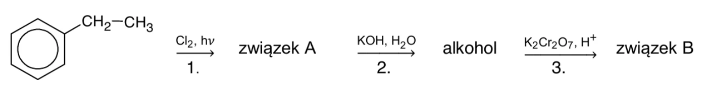 schemat: wzór etylobenzenu, strzałka 1. (Cl2, hν) do związku A, strzałka 2. (KOH, H2O) do alkoholu, strzałka 3. (K2Cr2O7, H+) do związku B