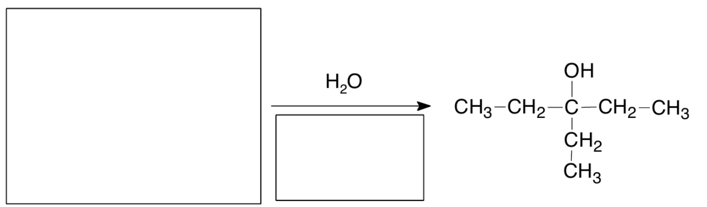schemat 1, puste pole na wzór alkenu, nad strzałką H2O, pod strzałką puste pole na warunki, produkt CH3–CH2–C(OH)(CH2–CH3)–CH2–CH3