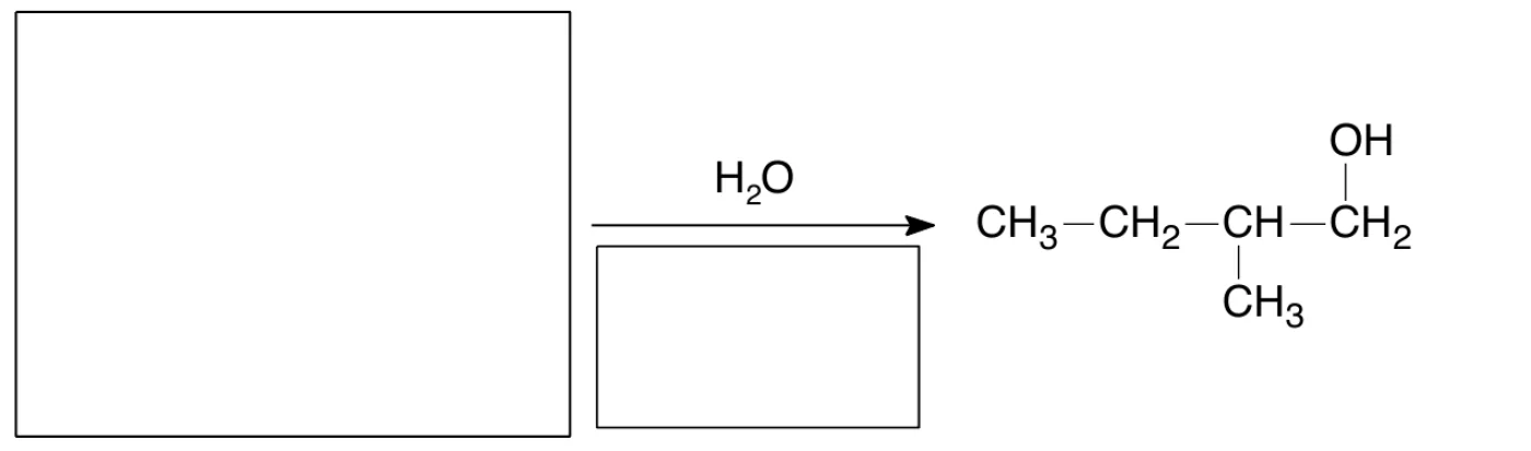 schemat 2, puste pole na wzór alkenu, nad strzałką H2O, pod strzałką puste pole na warunki, produkt CH3–CH2–CH(CH3)–CH2–OH