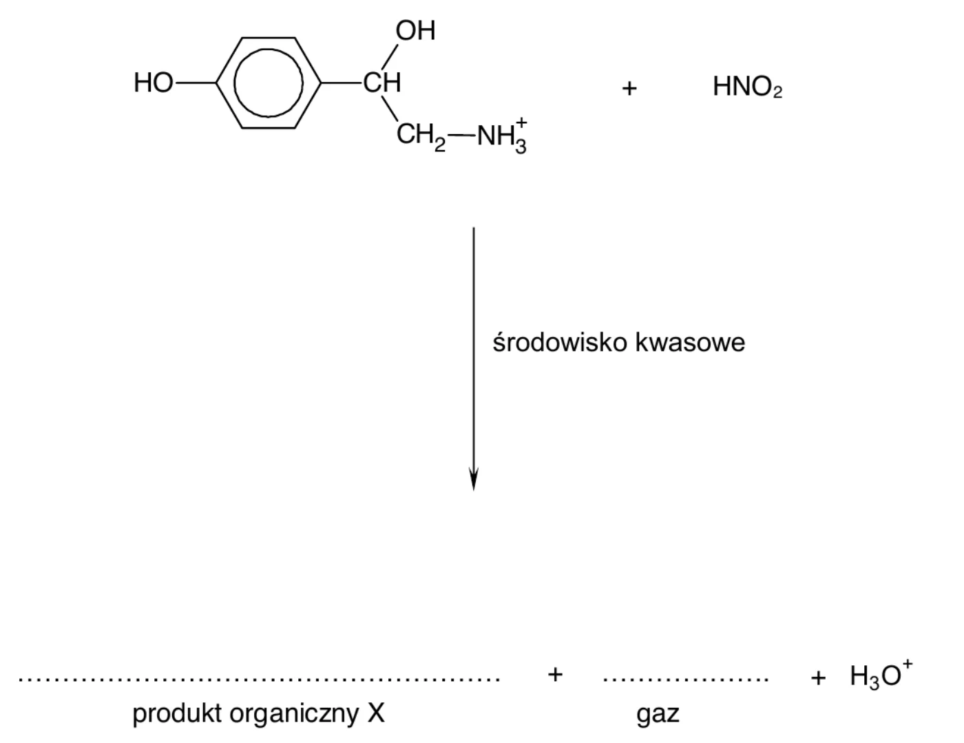 schemat reakcji, protonowana oktopamina (grupa CH2–NH3+) + HNO2, strzałka z opisem „środowisko kwasowe”, po niej miejsca na produkt organiczny X i gaz oraz H3O+