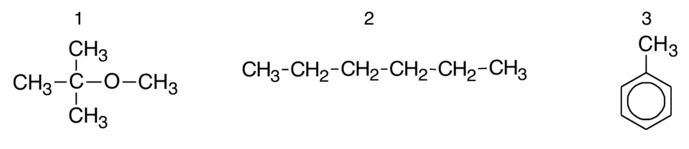 wzory trzech związków oznaczonych numerami: 1 – CH3–C(CH3)2–O–CH3, 2 – CH3–CH2–CH2–CH2–CH2–CH3, 3 – pierścień benzenowy z grupą CH3