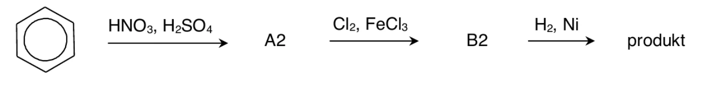schemat projektu 2.: benzen → (HNO3, H2SO4) A2 → (Cl2, FeCl3) B2 → (H2, Ni) produkt