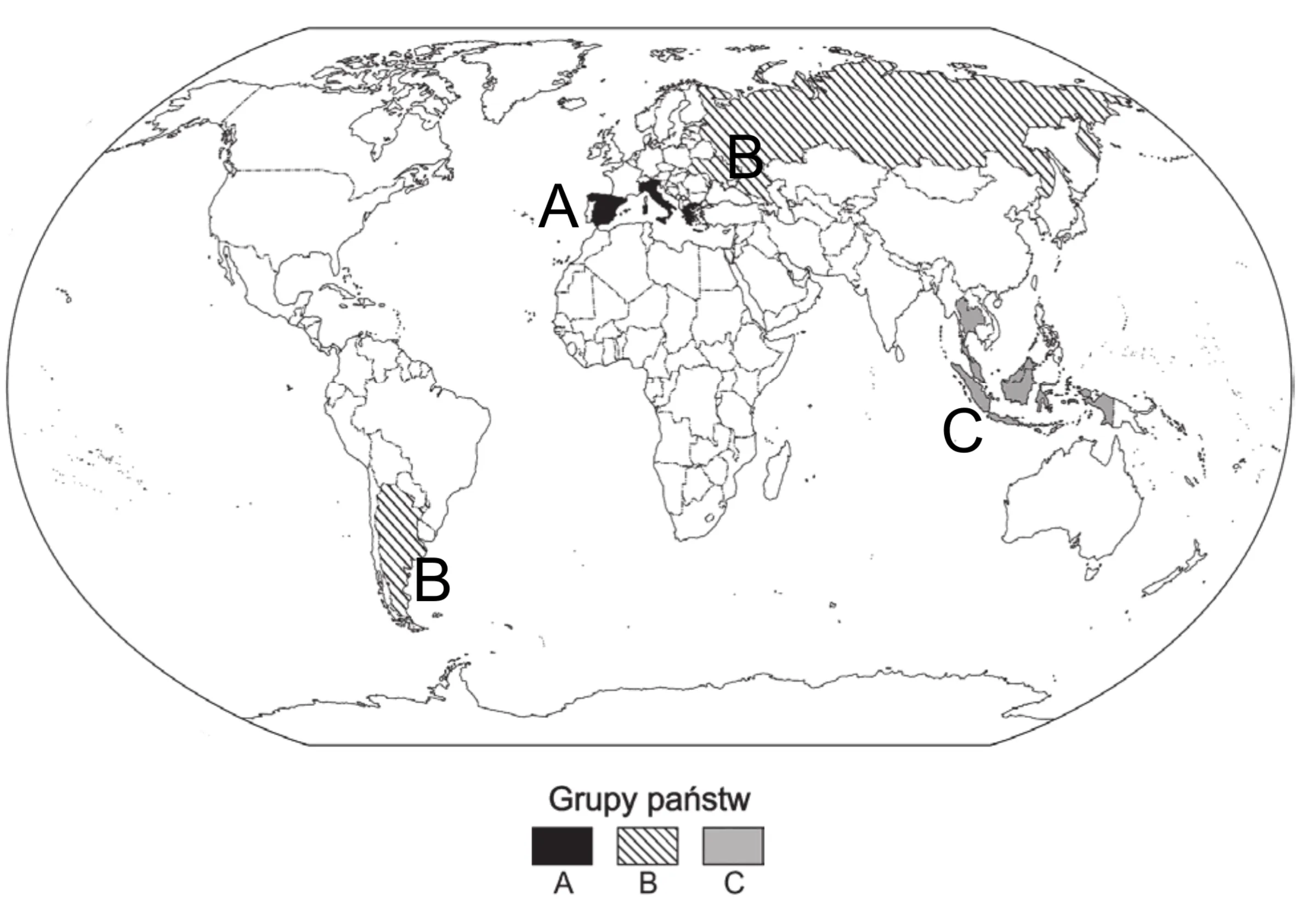 mapa świata z granicami państw; trzy grupy państw wyróżnione wypełnieniem i oznaczone literami A, B, C; legenda: Grupy państw – A czarne wypełnienie, B kreskowanie ukośne, C szare wypełnienie