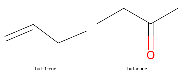 skeletal structures of but-1-ene and butanone