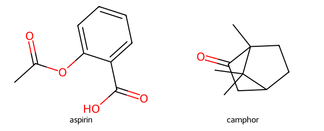 structural formulas of aspirin and camphor