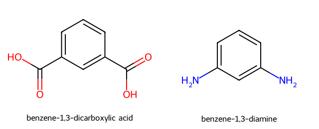 structural formulas of benzene-1,3-dicarboxylic acid and benzene-1,3-diamine