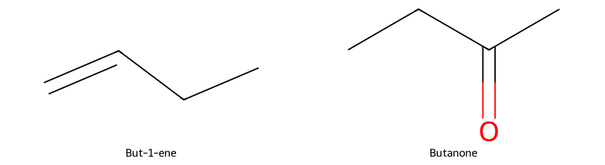 structural formulas of but-1-ene and butanone