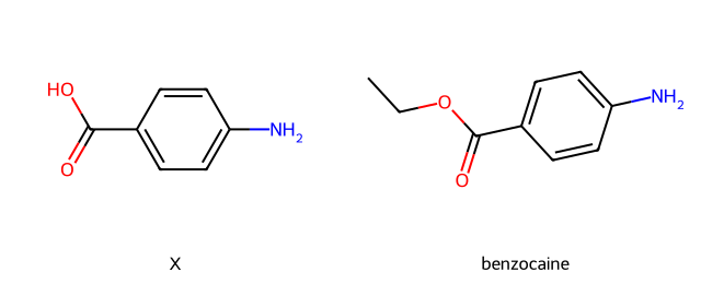 structures of the carboxylic acid X and benzocaine