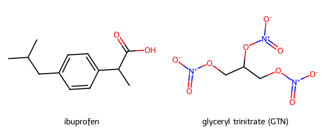 structures of ibuprofen and glyceryl trinitrate