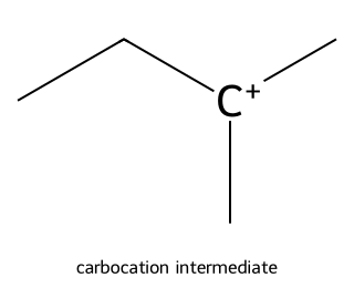 structure of the 2-methylbutan-2-yl carbocation, a positively charged carbon bonded to two methyl groups and one ethyl group
