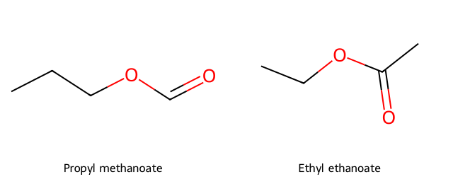 skeletal structures of propyl methanoate and ethyl ethanoate