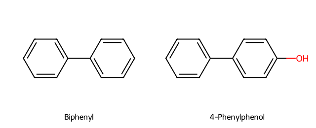 skeletal formulas of biphenyl and 4-phenylphenol