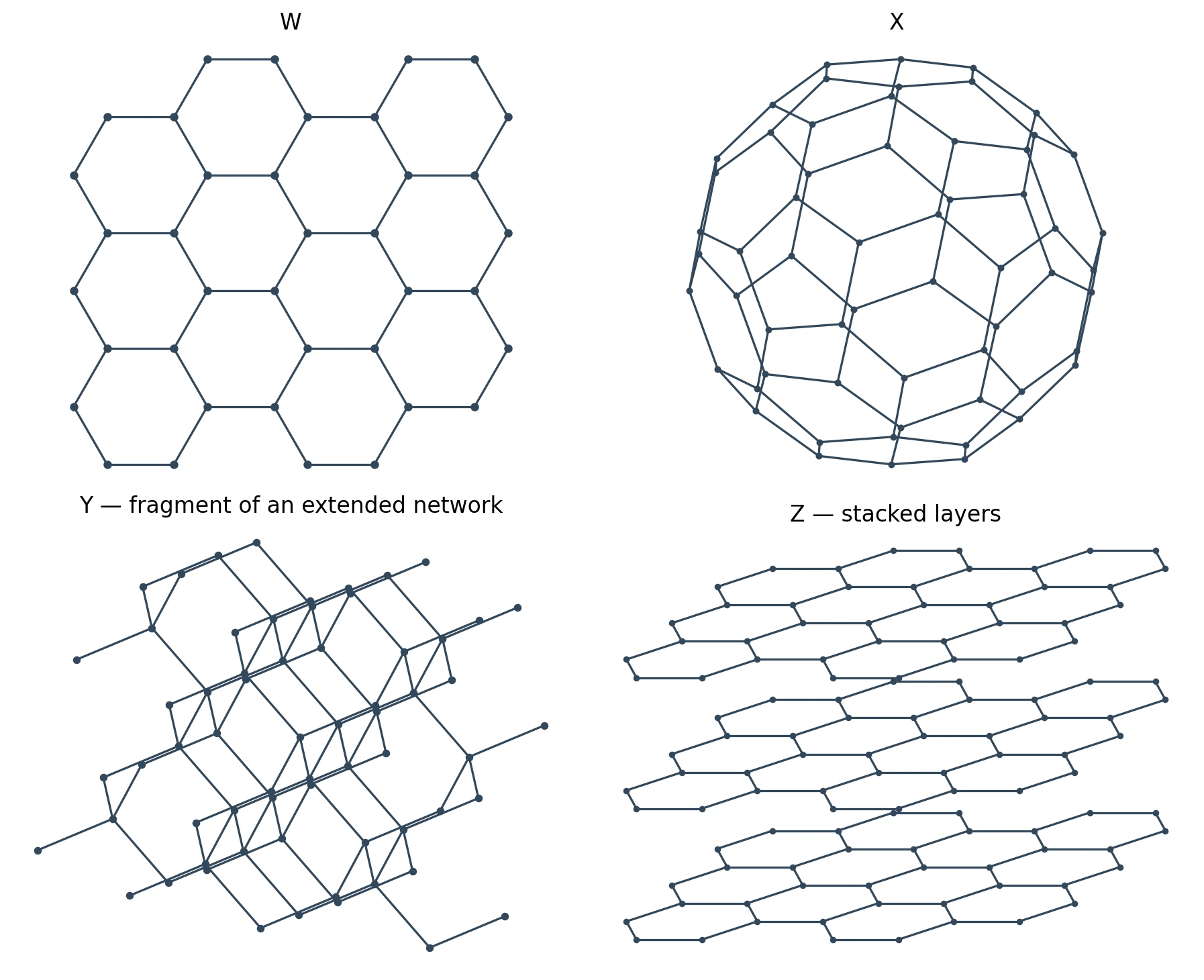 original schematic drawings W–Z of the four carbon structures described in the table