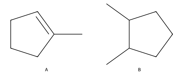 skeletal formulas of two compounds labelled A and B: A is 1-methylcyclopentene, B is 1,2-dimethylcyclopentane