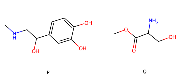 skeletal formulas of two molecules labelled P and Q; P is adrenaline, a benzene-1,2-diol carrying a CH(OH)CH2NHCH3 side chain; Q is methyl 2-amino-3-hydroxypropanoate