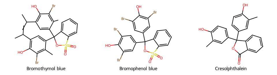 skeletal structures of bromothymol blue, bromophenol blue and cresolphthalein