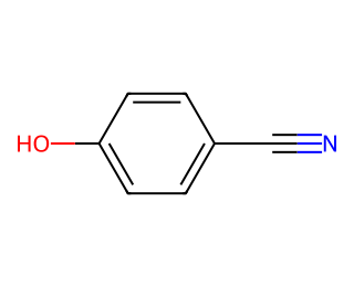 skeletal formula of 4-hydroxybenzonitrile: a benzene ring carrying a hydroxyl group and, in the para position, a nitrile group C≡N
